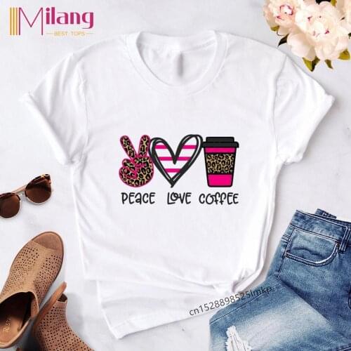 Fashion T Shirt Woman 2020 Tops Tshirt Leopard Peace Love Coffee Streetwear Casual O-neck T-shirt Summer Female Tee Shirts Women