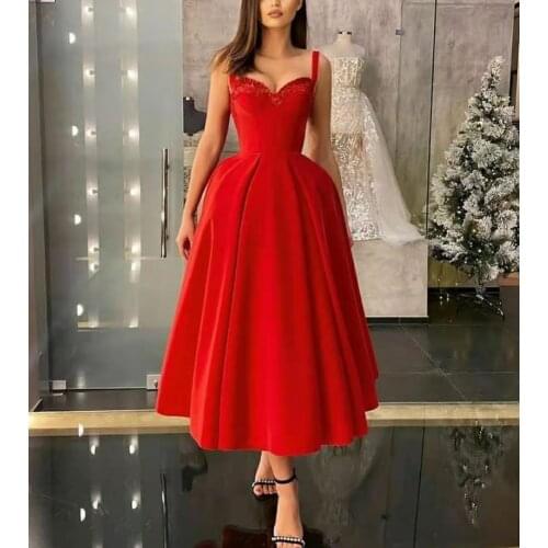 Tea Length Satin Red Lace Prom Dresses with Pockets Spaghetti Strap Robe De Soiree Formal V-Neck Party Dresses for Women