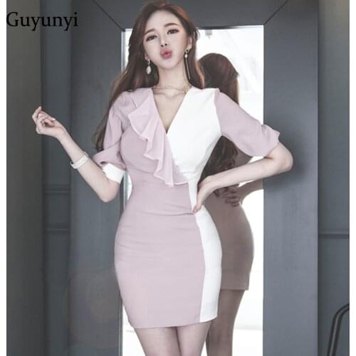 Pencil Office Lady Summer Dress 2021 Small Sexy V-Neck Ruffles Slim High Waist Solid Color Stitching Elegant Party Dress Women