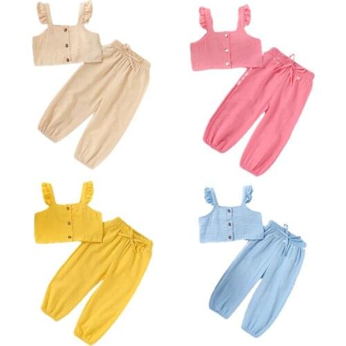 2020 Toddler Baby Girl Clothes Sets 1-6Y Solid Ruffle Sleeveless Top T-shirt Long Pants Outfit Set 4 Colors
