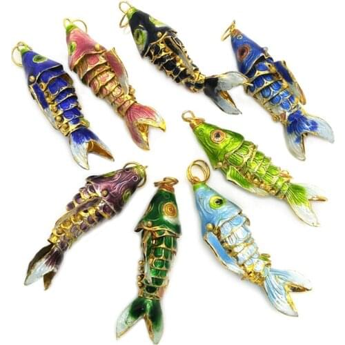 6pcs Wiggle Like Real Fish Chinese Cloisonne Carp Pendants 6 Colors About 45mm White Blue Goldfish Pendants