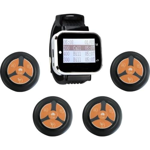 Wireless Call Waiter System 1 Watch Receiver + 4 Super Thin 4 Keys Buttons Transmitter Frequency 433.92 for Restaurant Service