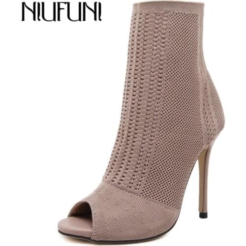 NIUFUNI Women Boots High Heels Fashion Peep Toe Knit Sock Ankle Booties Spring Autumn Shoes Woman Sexy Thin Heeled Lady Boots