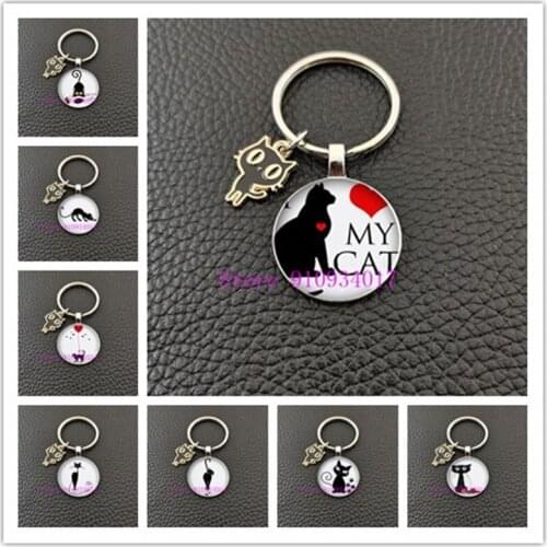 2020 black and white cat glass cabochon keychain, cat and love balloon keychain, a beloved gift for relatives and friends