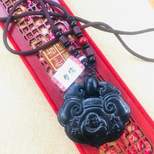 Natural Hetian Black Jade Hand-carved Black Laughing Buddha Auspicious Lock Pendant Necklace Sweater Chain Send Certificate