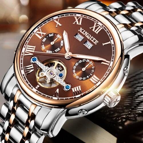XINQITE Top Brand Men Mechanical Watches Stainless Steel Waterproof Automatic Watch With Calendar Week Year Noctilucent Function