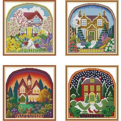 Four seasons spring summer autumn and winter house pattern cross stitch kit handmade embroidery fabric home decoration painting