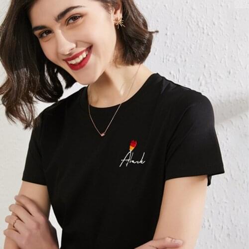 100% cotton embroidered T-shirt womens spring summer loose round neck