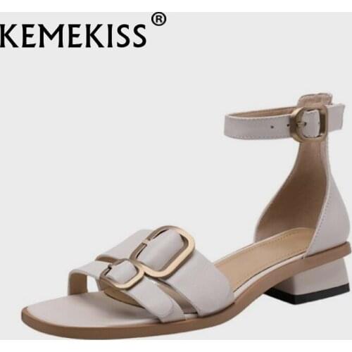 KemeKiss Women Sandals Real Leather Square Heels Buckles Shoes For Women Summer Daily Outdoor Fashion Footwear Size 33-40