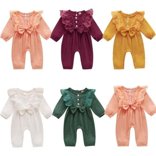 2020 3-24M Newborn Baby Girl Romper Cotton Linen Clothes Bow Lace Ruffle Long Sleeve Solid Color Jumpsuit One Piece 5 Colors