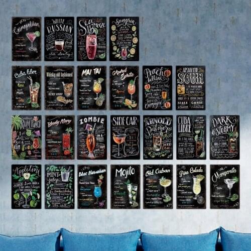 Cocktail Metal Posters Mojito Zombie Tin Sign Vintage Pub Plaque Wall Decor for Bar Pub Club Man Cave Retro Iron Painting