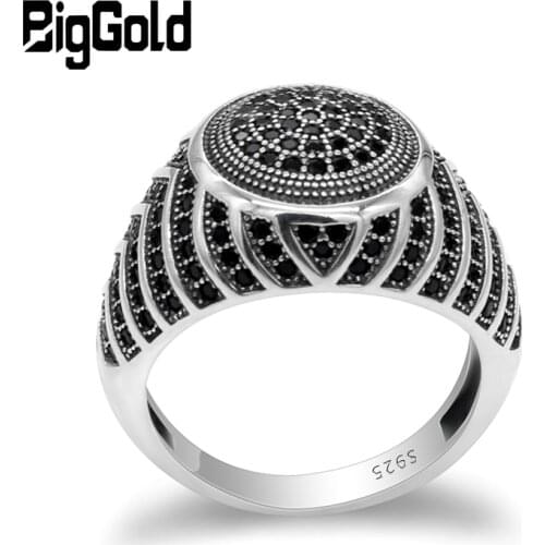 925 Sterling Silver Men Ring with Black Cubic Zircon Signet Vintage Thai Silver Ring Turkish Handmade Jewelry for Man Women Gift