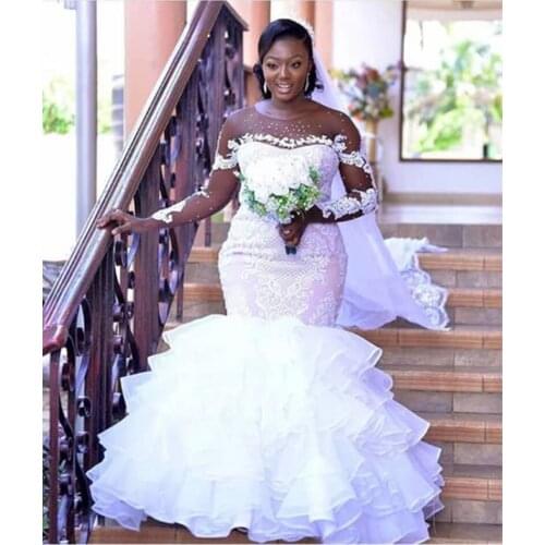 2021 New Illusion Long Sleeve Beads Wedding Dress Mermaid Ruffles Skirt African Bridal Gown High Quality vestidos de mariee