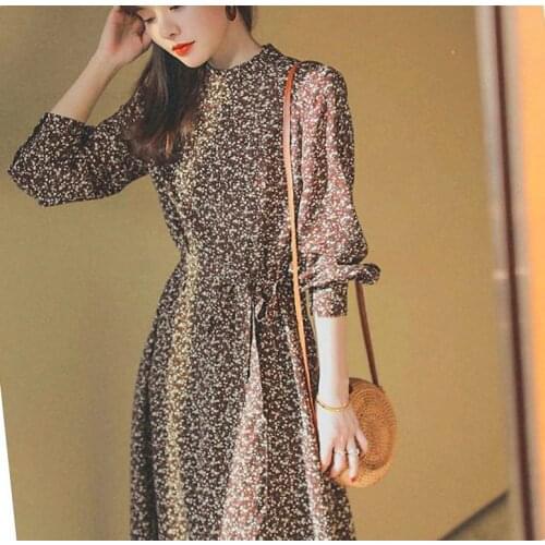 Floral romantic waist, slim and slim with 30 silk long sleeve print medium length dress womens autumn new