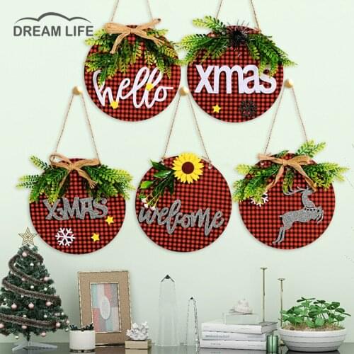 Christmas Decoration Gingham Cloth Wooden Door Hanging Christmas Tree Decorations Christmas Pendant Festival Home Room Decor