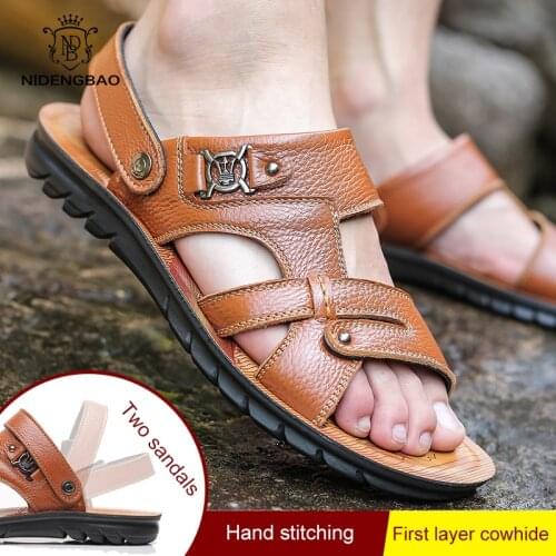 Two Ways Wearing Genuine Leather Sandals Men Casual Shoes Summer Sandalias Hombre Slides 4 Models Can Choose Free Drop Shipping