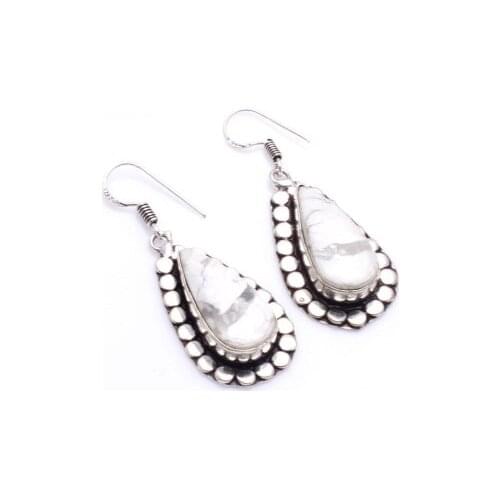 Genuine White Howlite Silver Overlay on Copper Earrings ,Hand made Women Jewelry Gift , 48 mm, E5619