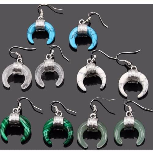 Retro Reiki Stone Crescent Half Moon Earrings Natural Amethysts Rose Crystal Quartz Malachite Opal Dangle Earrings for Women