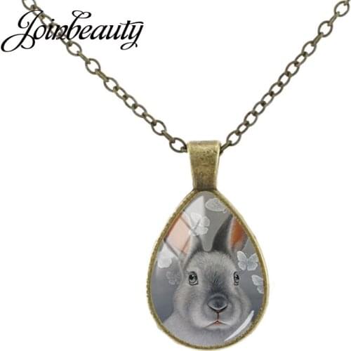 JOINBEAUTY Gray White Cute Rabbit Painting Tear Drop Necklace Lovely Animal Glass Cabochon Pendant Handmade Girl Jewelry TX723