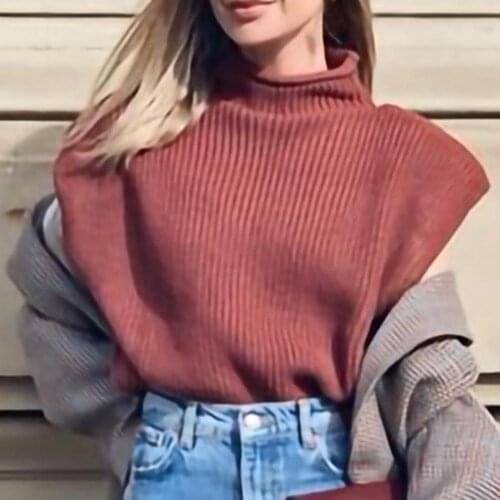 New Sweater Vest Women Autumn Winter Turtleneck Sleeveless Vest Sweater Shoulder Pads Knit Jumper Pullover Knitted Vests Sweater