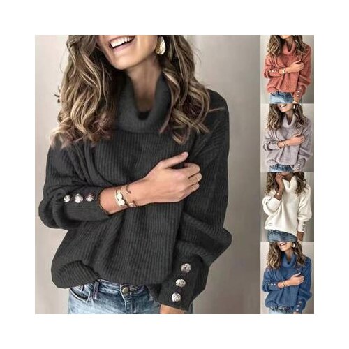 Women Autumn Spring Knitted Sweaters Turtleneck Long Sleeve Button Decoration Sweater Tops Ladies Casual Jumper Plus Size S-5XL