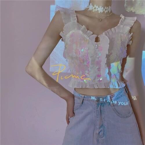 Fashion bling sequined 90s Streetwear Crop Tops Summer colored ruffles Boodycon Women Sexy Tank Top Gothic 2021