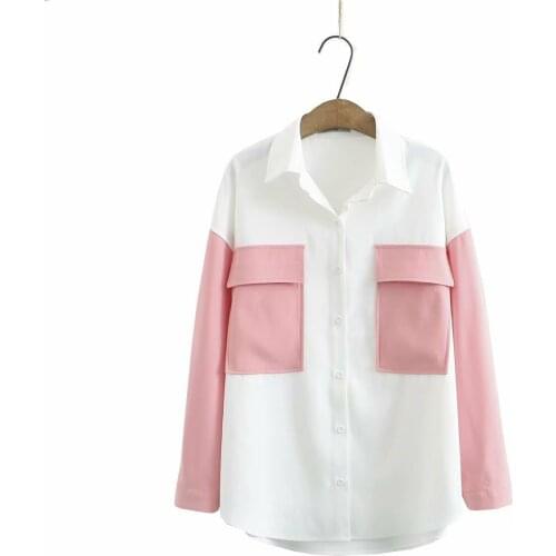 Plus size patchwork chiffon women loose pockets pink white shirts 2021 new spring autumn casual ladies shirt female tops