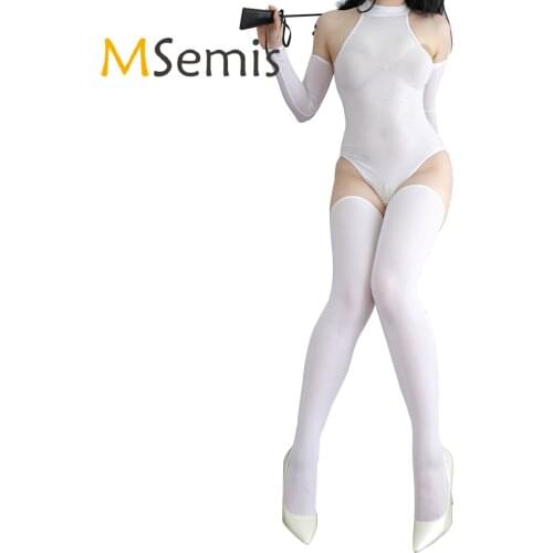 Womens Mock Neck Sleeveless Bodysuit with Oversleeve Stocking Lingerie Set Nightclub Stage Performance Outfits Sexy Nightwear