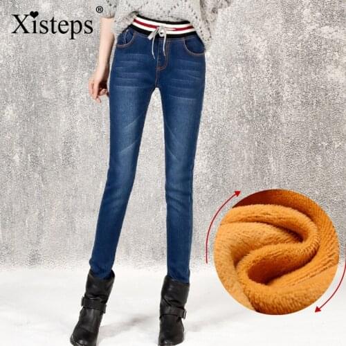 Xisteps Elastic Waist With Warm Thick Velvet Winter Jeans For Women Pencil Denim Pants Female Skinny Long Trousers Plus Size