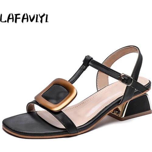 2021 Metal Decoration Sandals Chic Fairy Style Open Toe Roman Sandals Women Thick Heel Womens Shoes