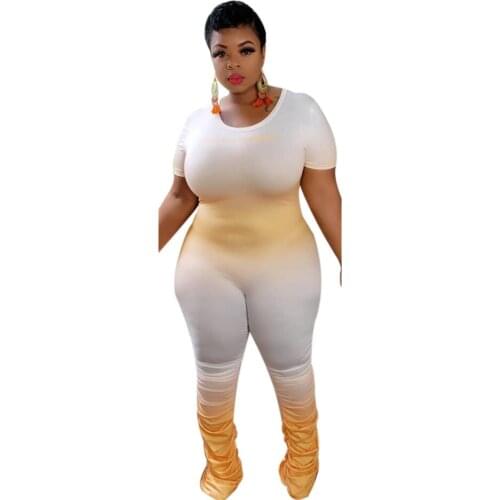 CM.YAYA Women Plus Size XL-5XL Gradient Print O-neck Short Sleeve Stacked Bellbottom Flare Jumpsuit High Street Rompers