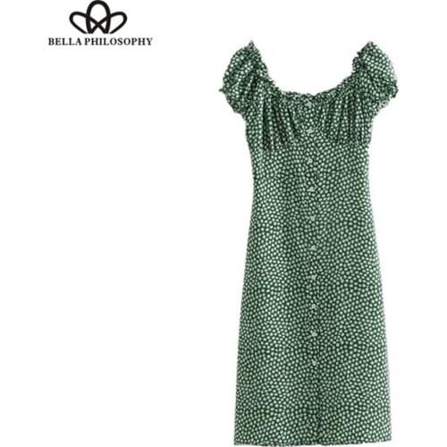 Bella Philosophy vintage ruffled floral print dress square sleeve short sleeve buttons backless dress female vestidos mujer