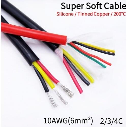 1M Sheath Wire 10AWG Silicone Rubber Super Soft 2 3 4 Cores Multi Pins Flexible Insulated Black Power Cord Signal Copper Cable