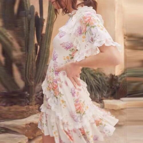 2021 Summer Faashion Design Vintage Dress Women Lace Ruffless Patchwork Flower Printed Sexy Mini Dresses