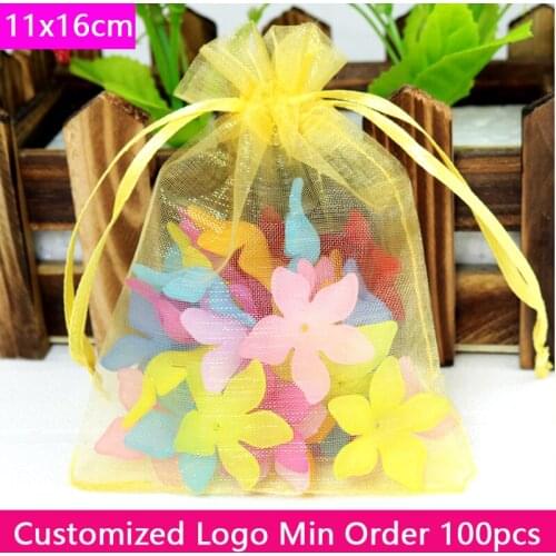 50pcs/lot 11x16cm Gold Organza Bags Drawstring Transparent Sheer Packaging Pouch Jewelry Wedding Christmas Gift Package