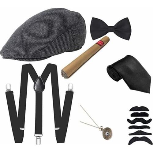 6Pcs/set Men Party Props 1920S Theme Cosplay Stage Performance Gatsby Beret Cigar Watch Suspender Tie Costumes Accessories Set