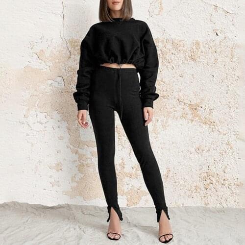80% HOT SALES！！！Women Long Sleeve Drawstring Short Blouse Skinny Split Pants Tracksuit Outfit