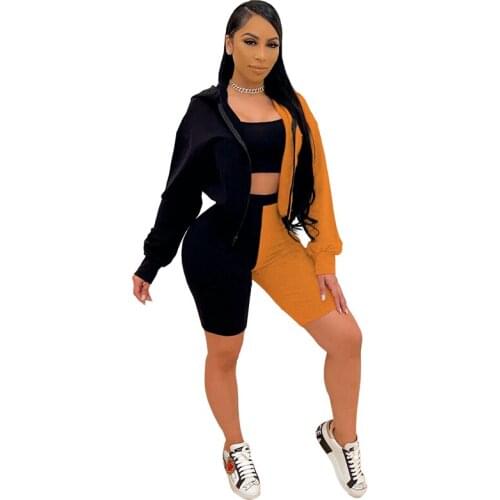 Adogirl Color Patchwork 3 Piece Set Strapless Crop Top And Zipper Long Sleeve Hooded Jacket And Shorts Casual Fitness Outfits