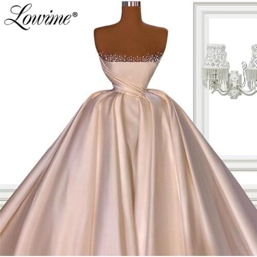Lowime Robes Pearls Puffy Prom Dresses Ball Gown Wedding Party Dress Arabic Muslim Satin Elegant Evening Dress Vestido De Festa