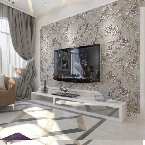 Beibehang American pastoral flocked non-woven wallpaper 3D embossed stereo simple bedroom living room background wallpaper