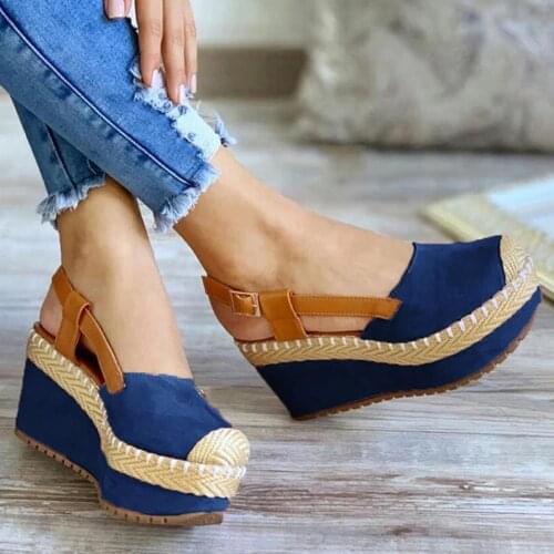Summer Women Sandals Vintage Wedge Shoes Woman Buckle Strap Straw Thick Bottom Flats Platform Sandals Flock Sandalias Mujer#G30