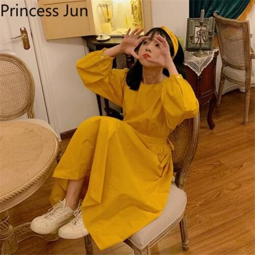 French Girl Sweet Back Bow Tie Long Yellow Dress O Neck Sash Slim Waist Midi Casual Dress Long Sleeve Simple Design A Line Dress