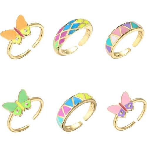 HECHENG,Butterfly Rainbow Rings,Sweet Trendy Geometric Square Dripping Oil Ring for Women,Wholesale