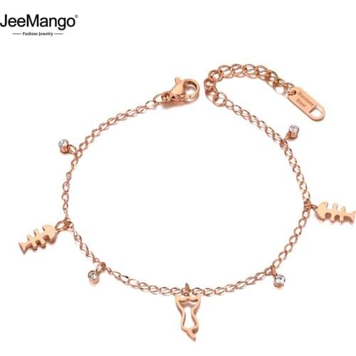 JeeMango Trendy Titanium Stainless Steel Fish & Cat Charm Bracelets For Women Bohemia CZ Crystal Party Bracelet Jewelry JB20161