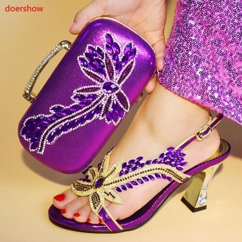 Doershow purple Matching Italian Shoes and Bag Set Decorated with Rhinestone African Shoe and Bag Set for Party In Women SJS1-6