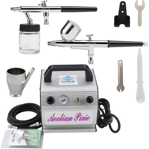OPHIR Body Paint 0.3mm & 0.35mm Dual Action 2-Airbrush Air Compressor Kit for Makeup Hobby Tattoo 110V,220V _AC088+AC004+AC072