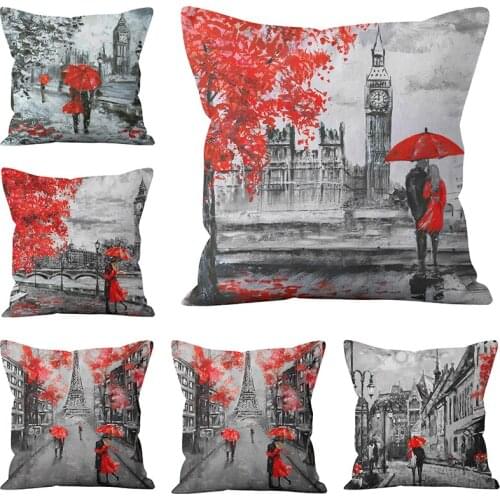 Lovers Valentines Day Cushion Cover Red Tree Oil Painting Throw Pillow Cover Street Tower Pillow Case For Sofa Car Home Decor