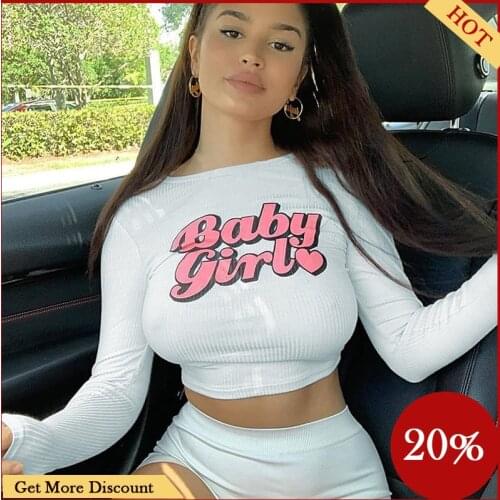 Hirigin New 2020 Autumn Women Slim Fitted Crop Tops Cute Long Sleeve Round Neck Baby Girl Letter Print Knitted Short Top Clothes