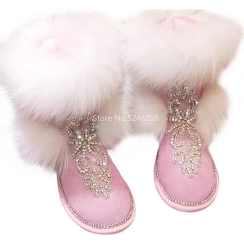New Winter Fashion Women Boots Luxury Handmade Crystal Winter Boots Round Toe Slip On Pink Black Real Fur Ankle Boots