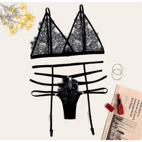 New Women Sexy Lace Bra Hollow Thong Garter Sleepwear Black Lingerie Set S-XL transparent women underwear set